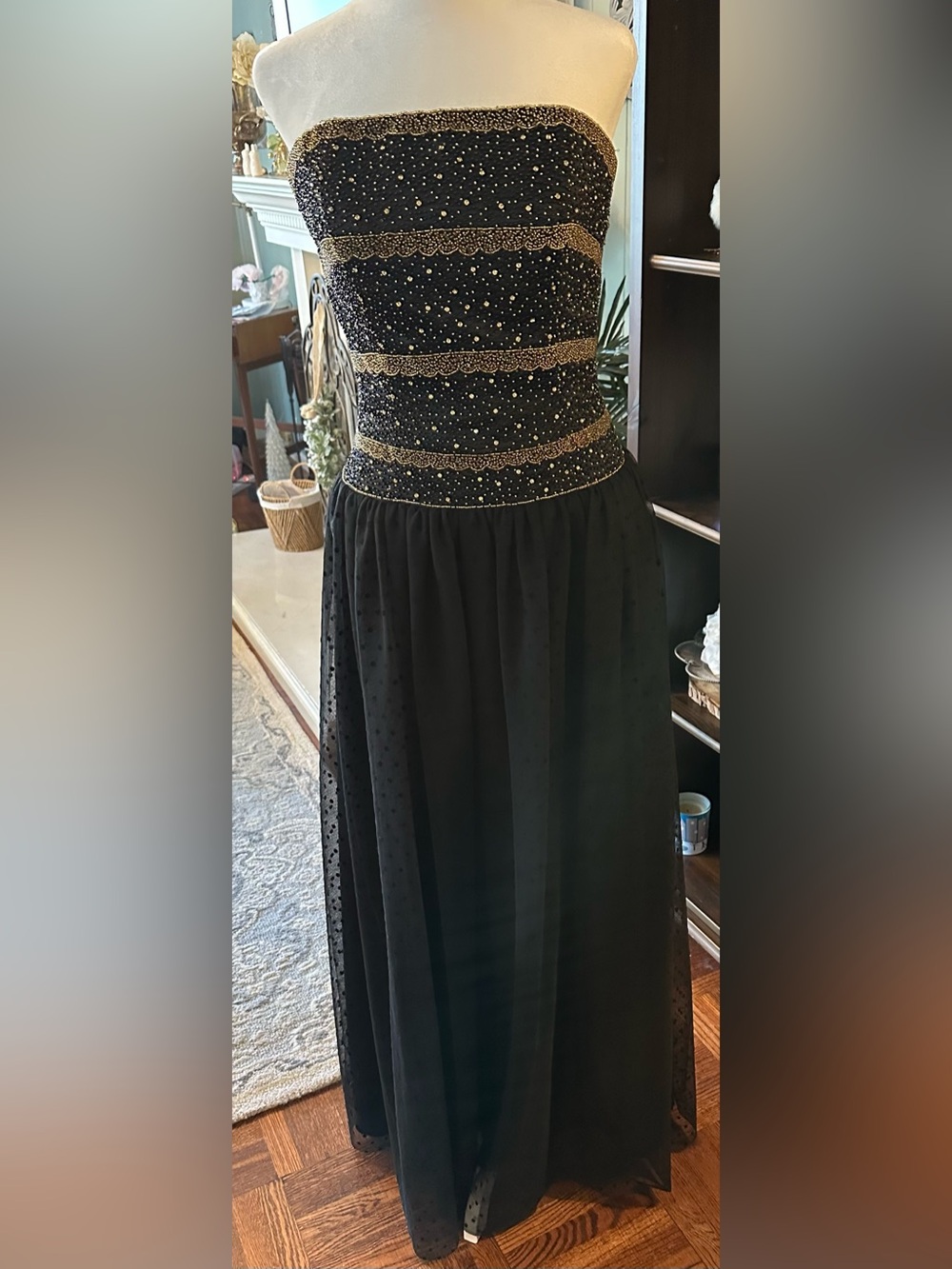 Jovani Black Formal Evening Gown with Beaded Top/Gold Accents